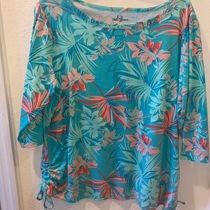 Palm groove XL blouse scrunch sides floral blue turquoise pink summary